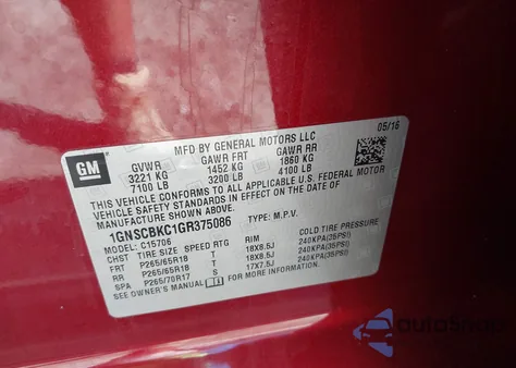 2016 Chevrolet Tahoe Lt from USA, damaged, VIN 1GNSCBKC1GR375086